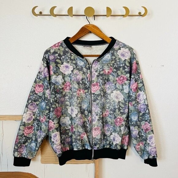 Vintage Textured Cottage Floral Zip up Bomber Sweater Gnome Jacket - Picture 2 of 7